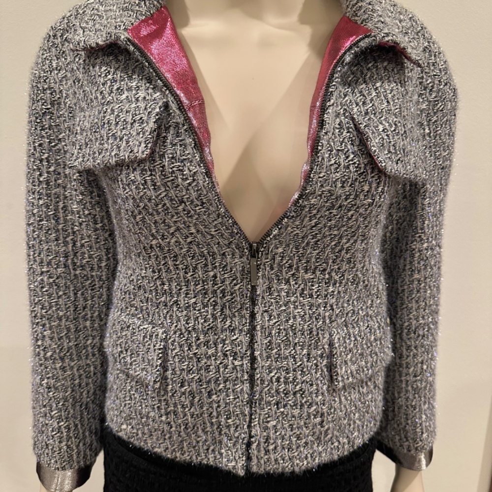 New Chanel Tweed Jacket Silk Cotton Zipper Size 34